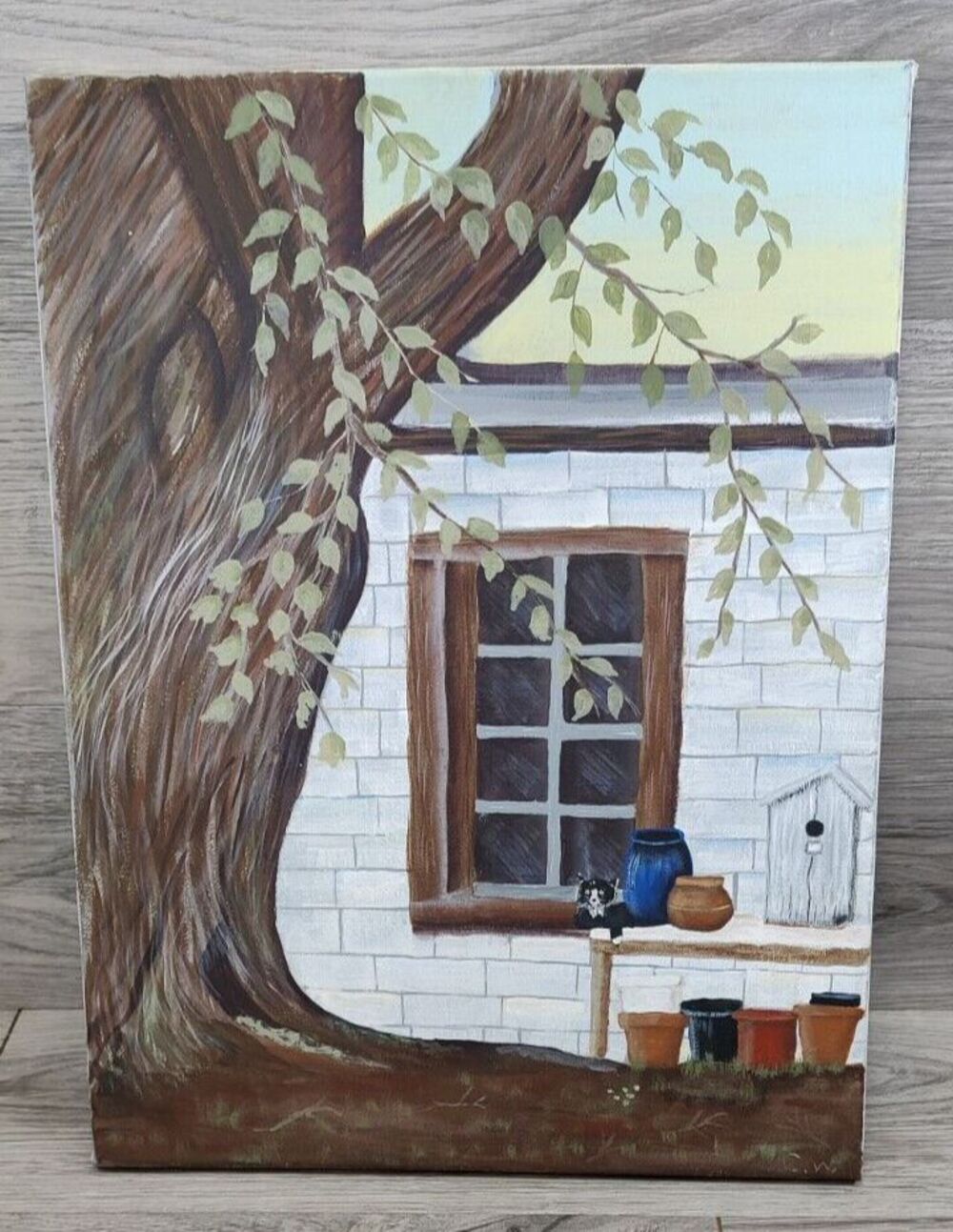 12x16 Painting On Canvas "Window, Tree and Cat" Americana-Unknown Artist
